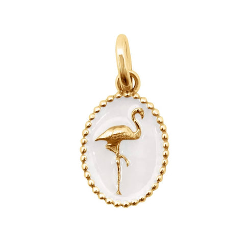 PENDENTIF FLAMANT ROSE OR JAUNE 18K RESINE BLANCHE EMAILLEE