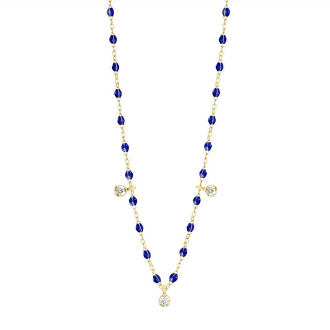 COLLIER OR JAUNE 18K RESINE LAPIS 3 DIAMANTS 45CM