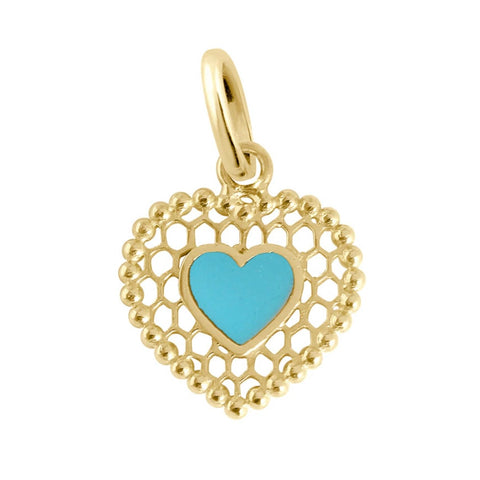 PENDENTIF LACE HEART OR JAUNE 18K EMAIL TURQ GREEN